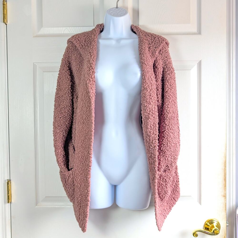 Pink Rose Hooded Boucle Popcorn Knit Cardigan Sweater Size M Dusty Mauve Pockets